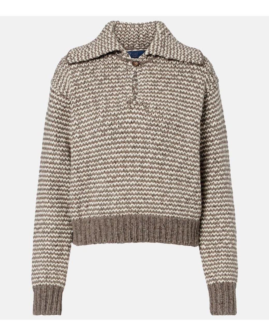 Polo Ralph Lauren Gray Striped Cotton And Wool-Blend Polo Sweater