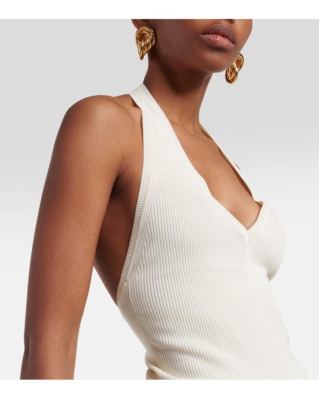 Nili Lotan White Ivey Ribbed-Knit Halterneck Silk Top