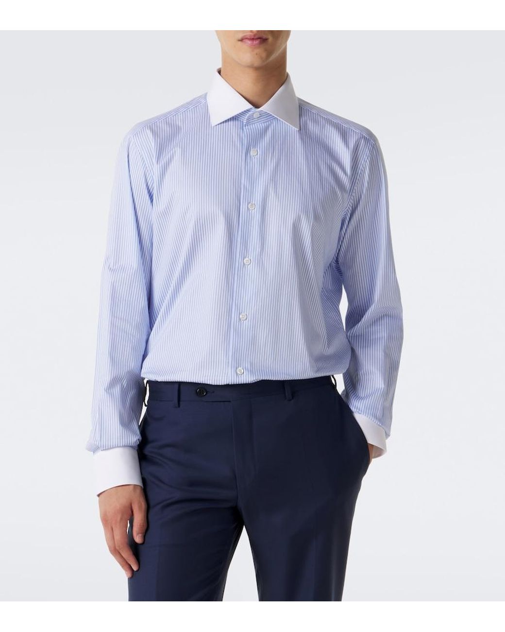 Brioni Blue William Striped Cotton Poplin Shirt for men