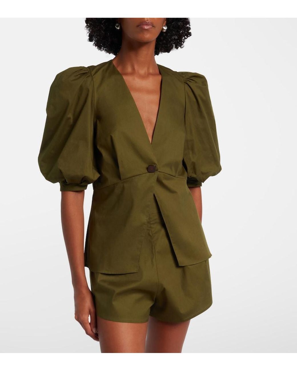 Adriana Degreas Green Puff-Sleeve Cotton-Blend Top