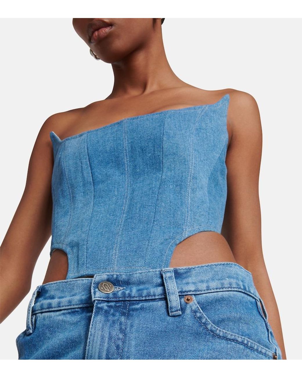 GIUSEPPE DI MORABITO Blue Floral-Applique Denim Bustier