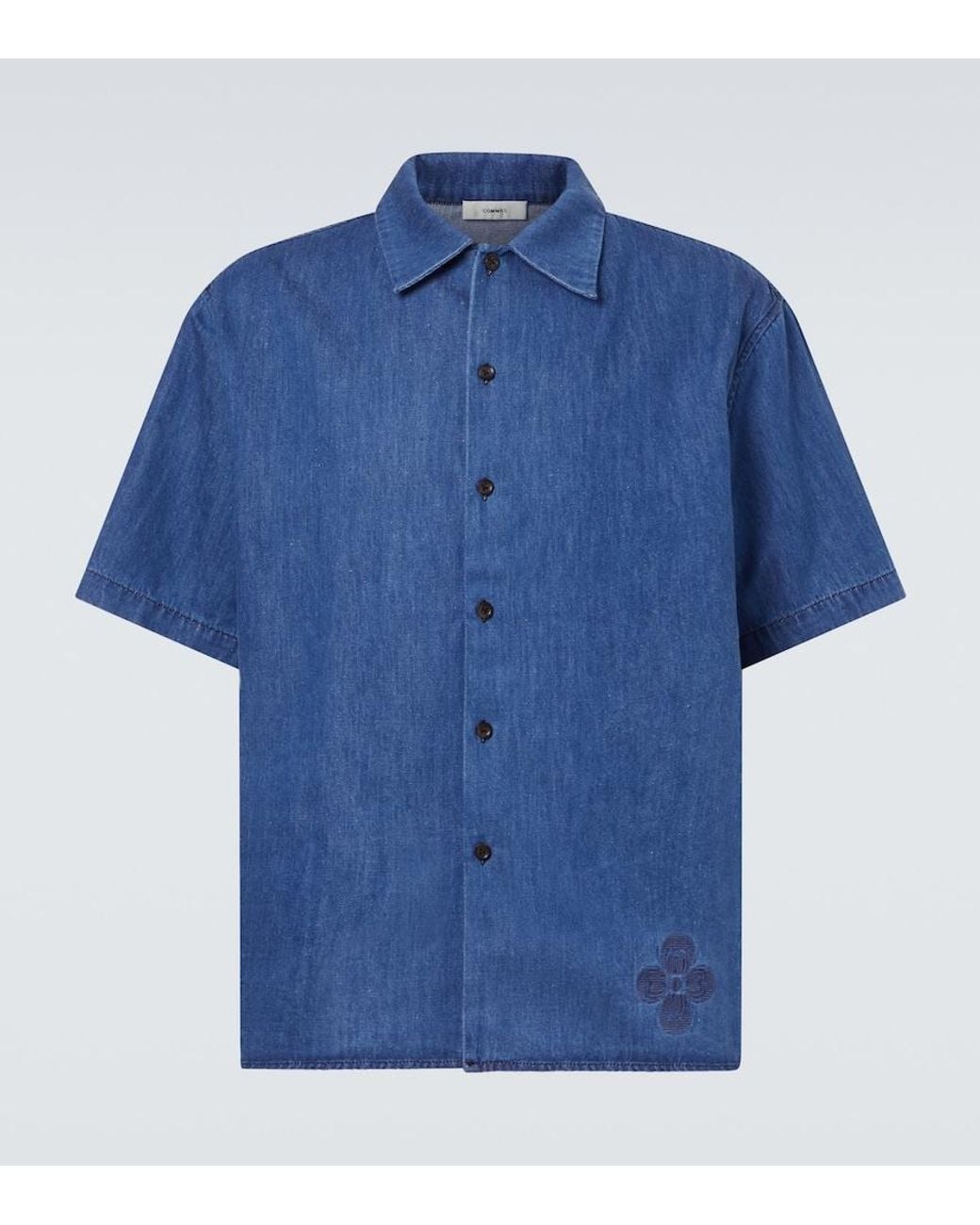 Commas Blue Embroidered Oversized Cotton-Blend Denim Bowling Shirt for men