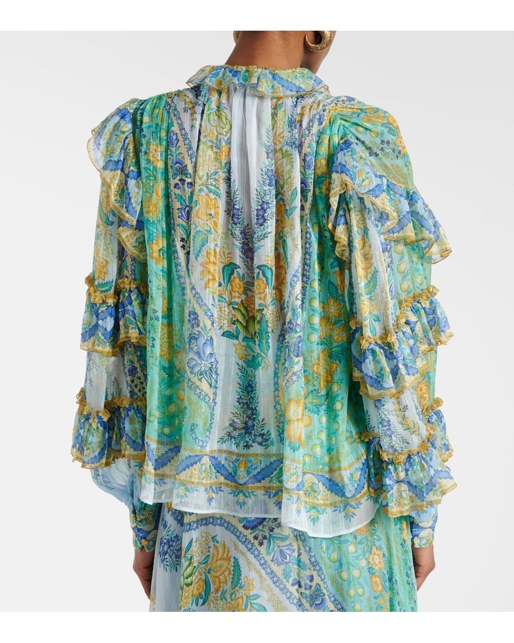 Etro Green Floral Ruffled Silk Blouse