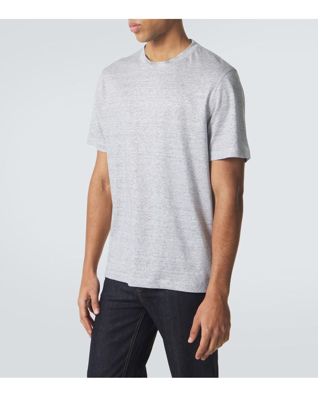 Brioni Gray Striped Linen And Cotton T-Shirt for men