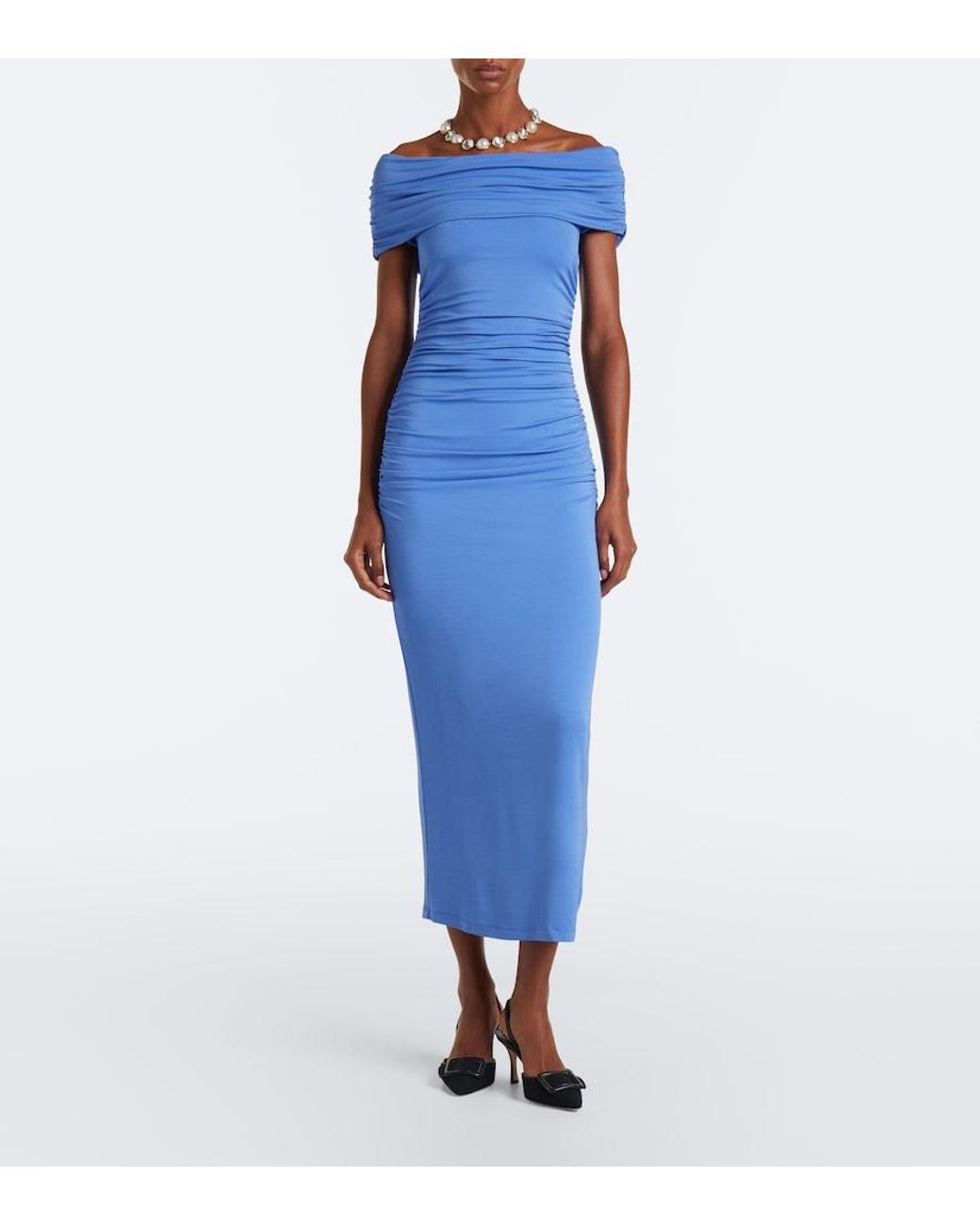 Carolina Herrera Blue Ruched Off-Shoulder Jersey Midi Dress