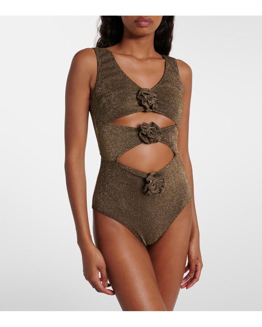 Alexandra Miro Brown Beth Floral-Applique Swimsuit