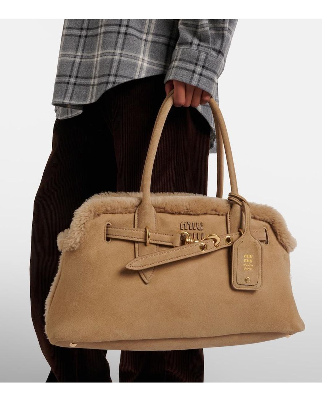 Miu Miu Natural Adventure Shearling-Lined Suede Tote Bag