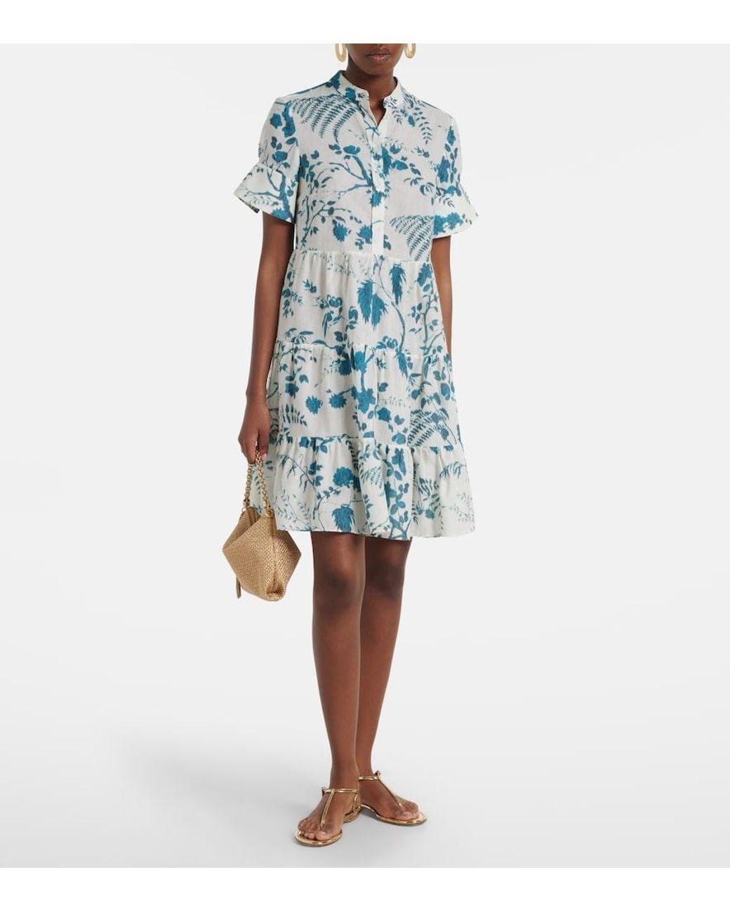 Erdem Blue Floral Tiered Cotton And Linen Minidress