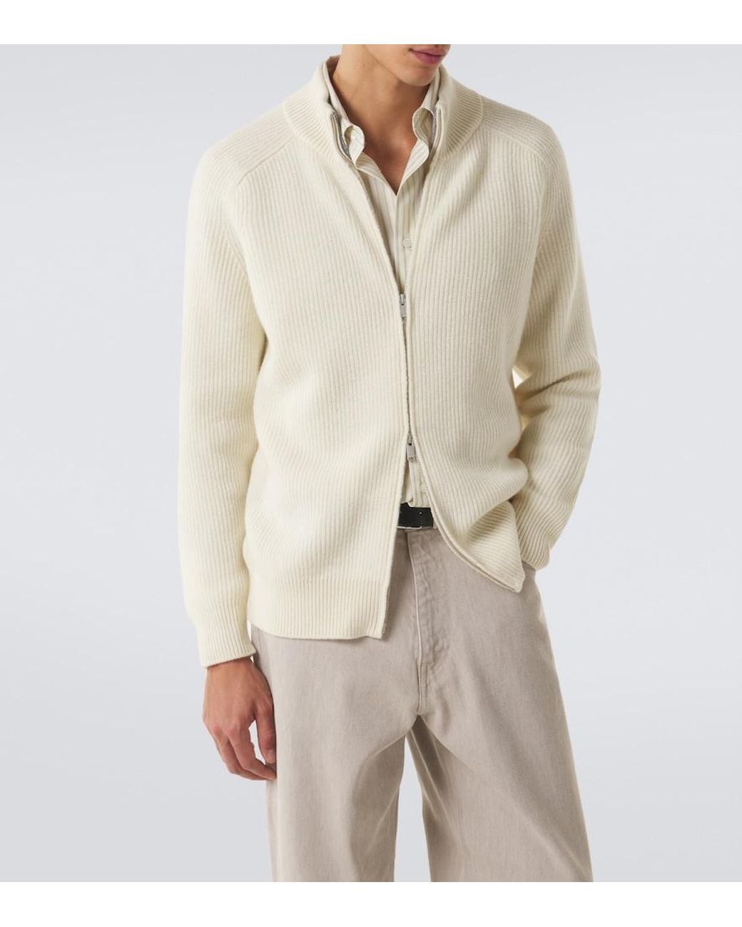 Lardini White Ribbed-Knit Wool And Cashmere Zip-Up Cardigan for men