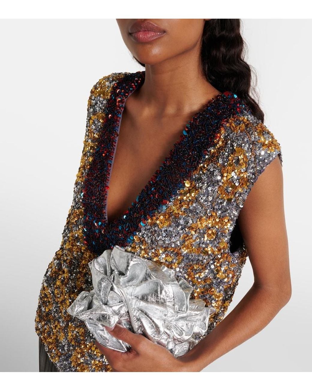 Dries Van Noten Ruffled Metallic Leather Clutch