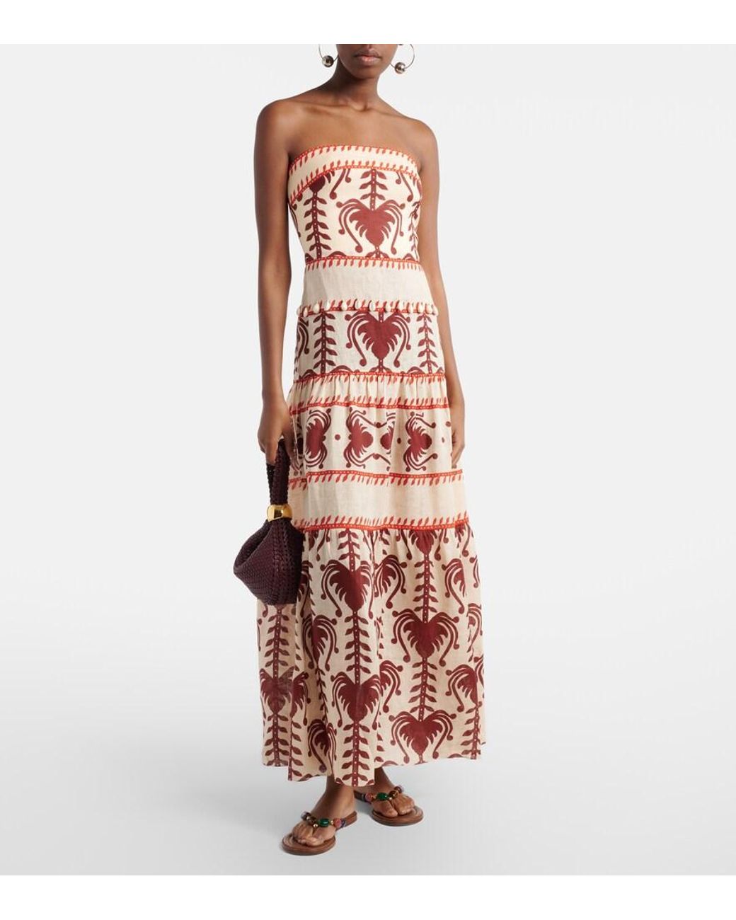 Johanna Ortiz Red Printed Linen Maxi Dress