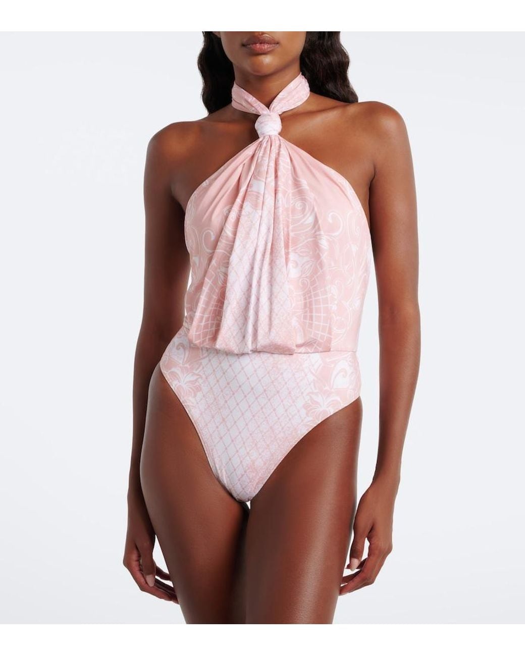 Balmain Pink Printed Halterneck Swimsuit