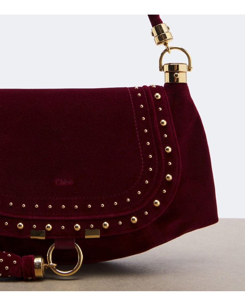 Chloé Red Marcie Foulard Small Velvet Shoulder Bag