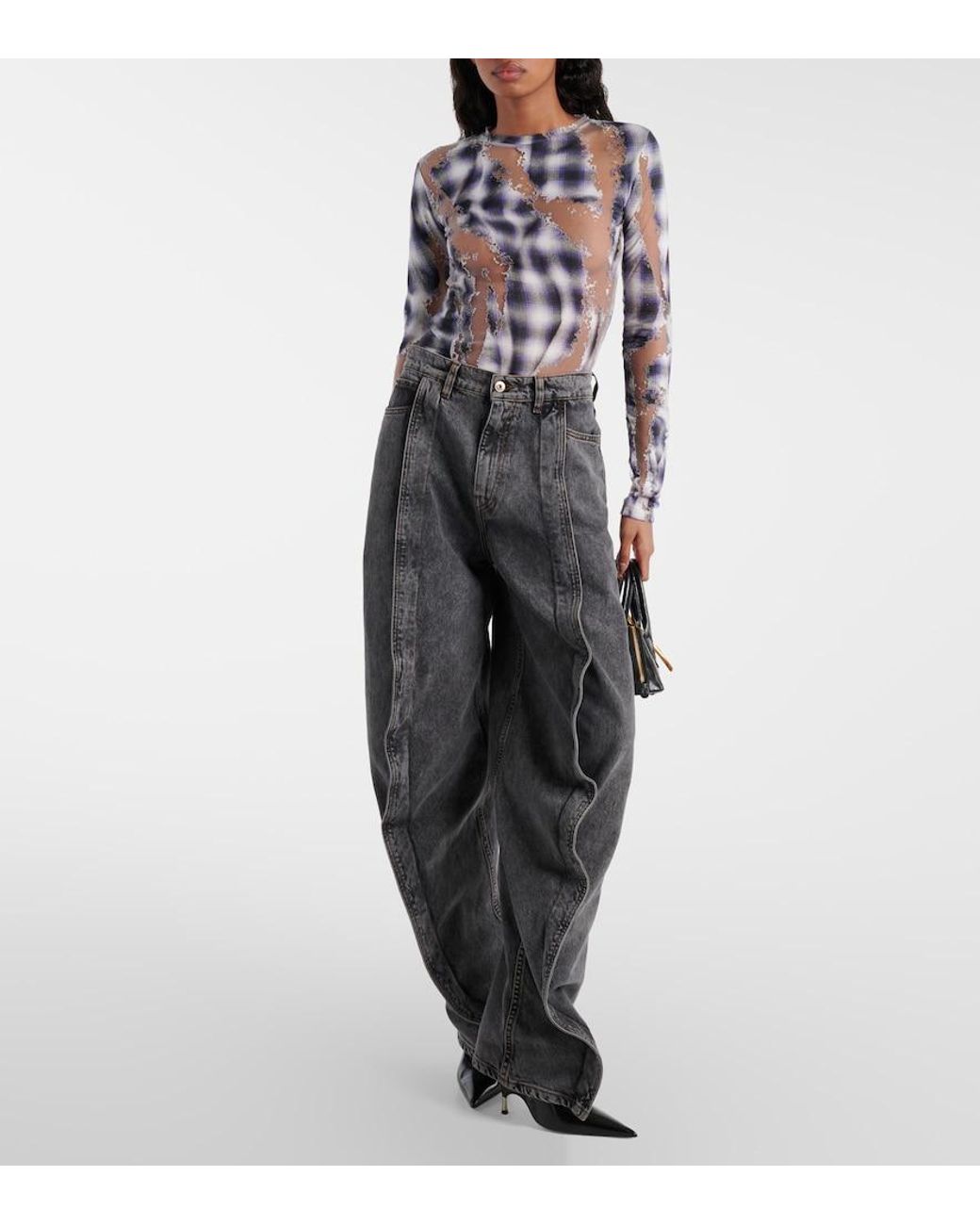 Y. Project Blue Checked Sheer Devore Top