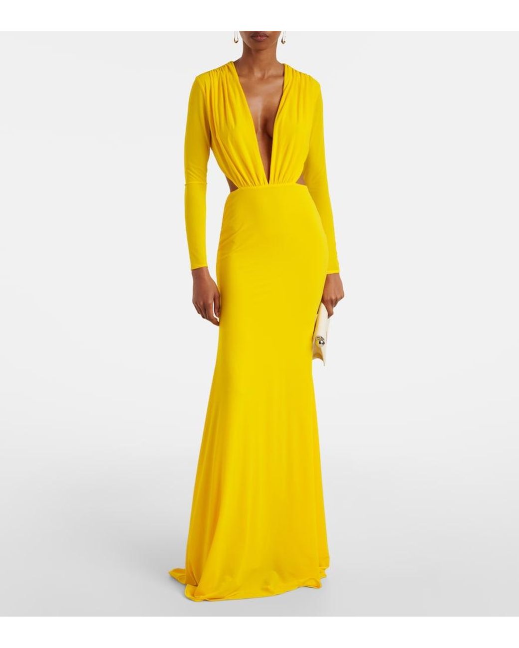 Alex Perry Yellow Ruched Open-Back Crepe Jersey Gown