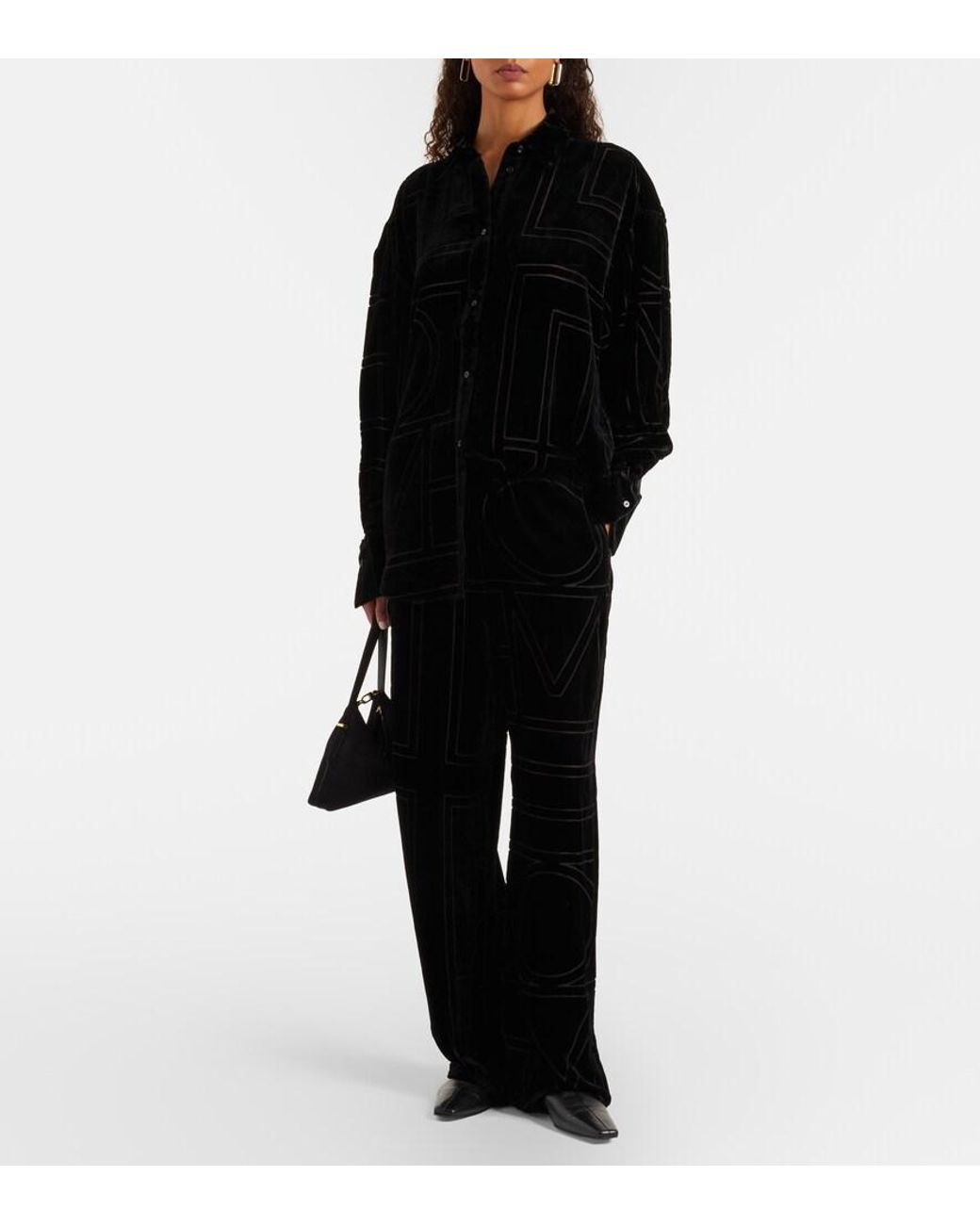 Totême Black Logo Velvet Wide-Leg Pants