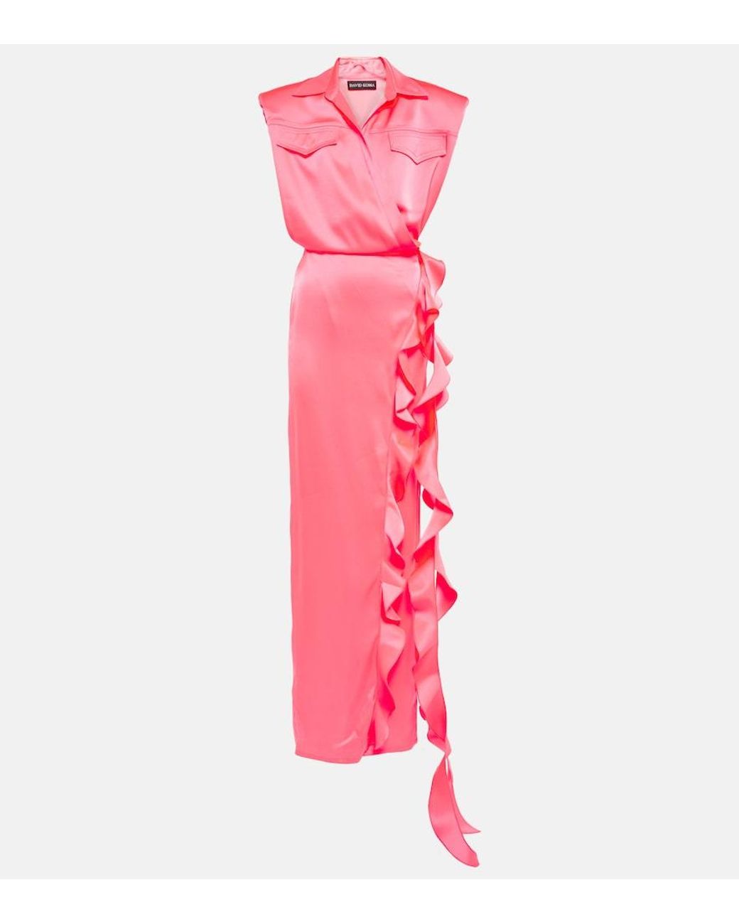David Koma Pink Padded Shoulders Ruffle Wrap Gown