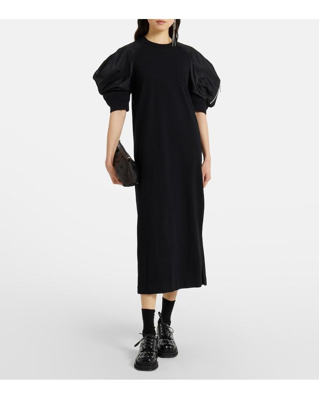 Sacai Black Puff-Sleeve Cotton-Blend Jersey Midi Dress
