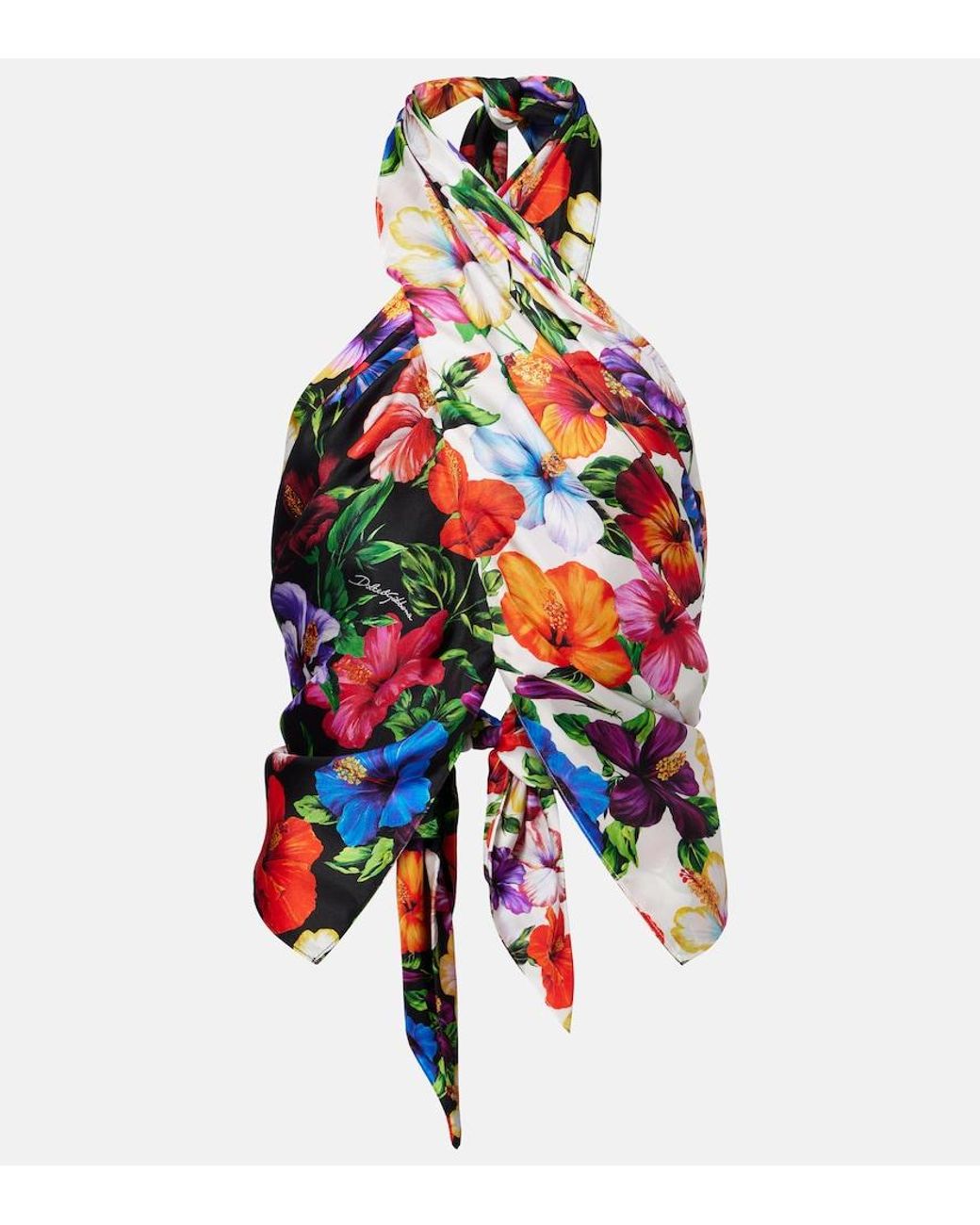 Dolce & Gabbana White Floral Scarf-Detail Silk Top