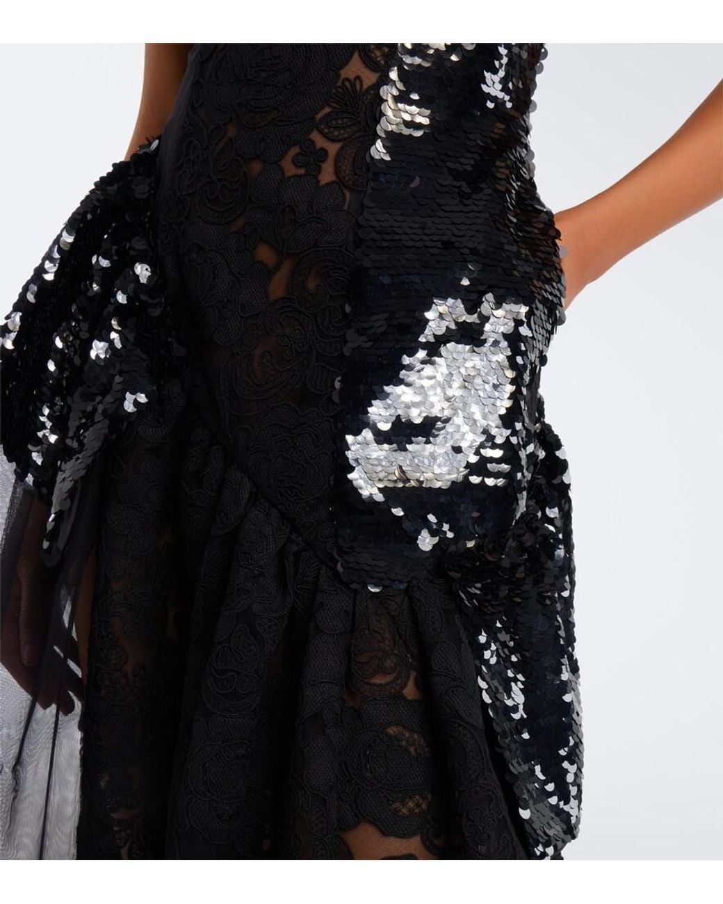 Simone Rocha Black Paneled Lace-Trimmed Sequined Midi Dress