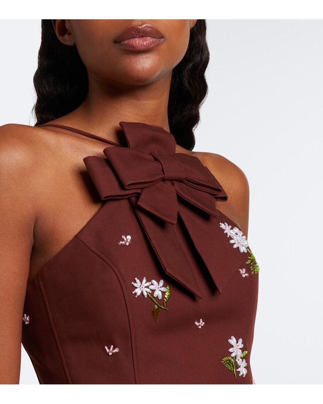 ShuShu/Tong Brown Embellished Halterneck Cotton Minidress