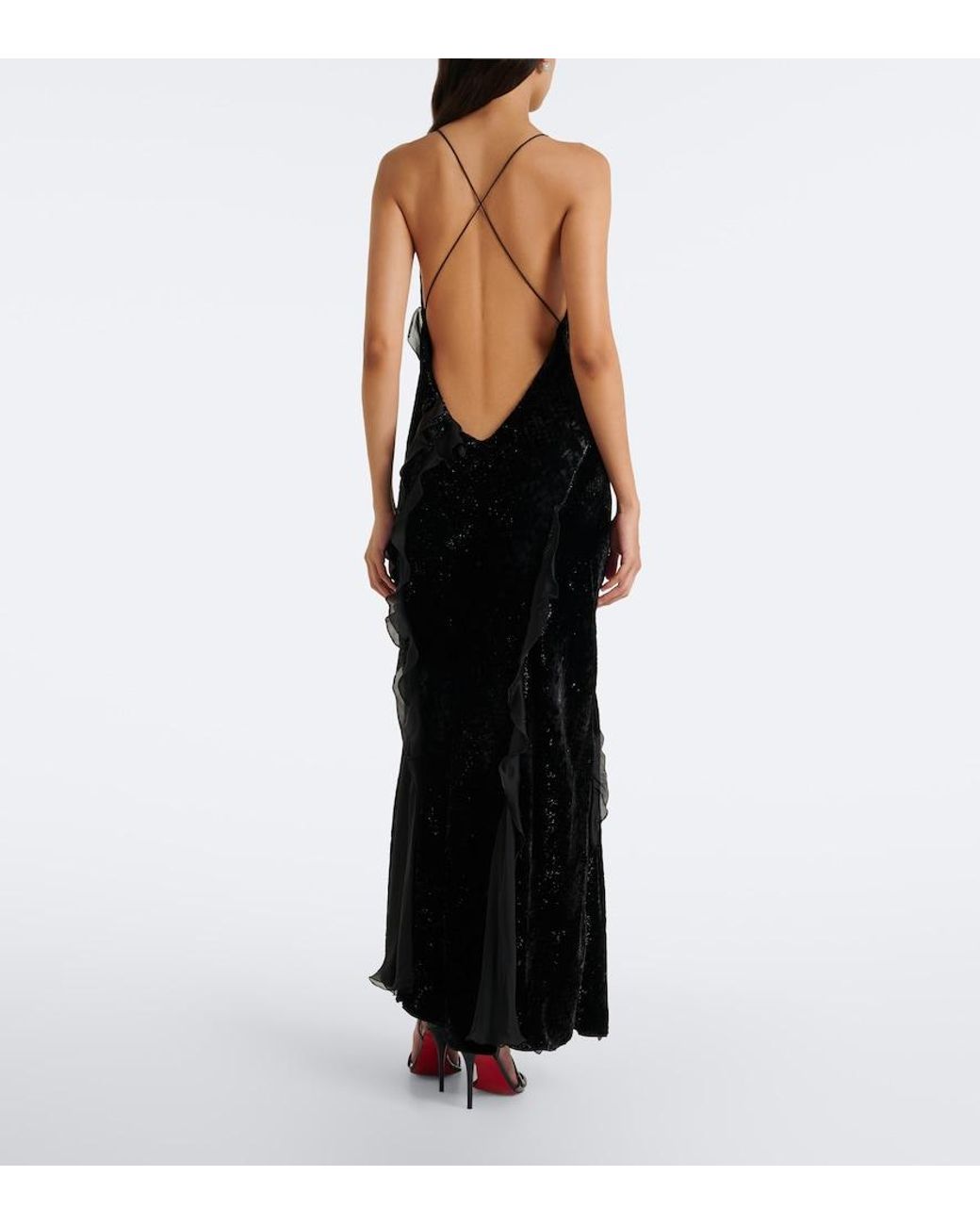 Roberto Cavalli Black Embellished Ruffled Velvet Gown