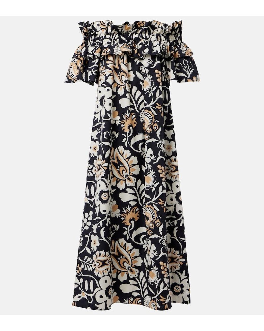 LaDoubleJ Black Breakfast Ruffled Cotton Poplin Midi Dress