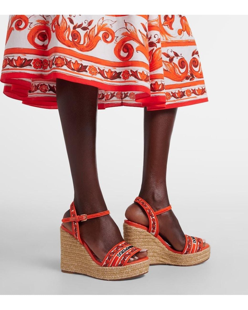 Dolce & Gabbana Orange Embroidered Floral Espadrille Wedges
