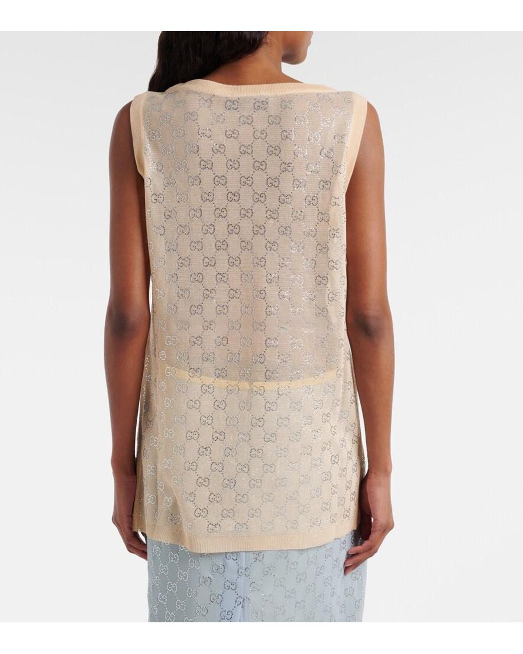 Gucci Natural Gg Crystal Silk Tank Top