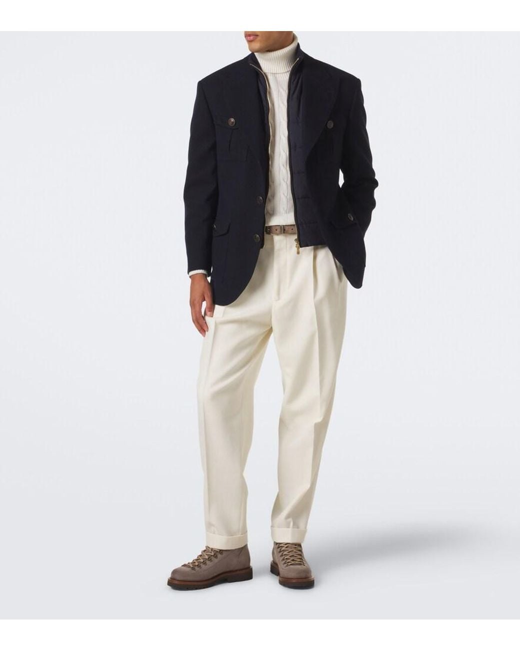 Brunello Cucinelli Blue Herringbone Layered Wool And Cotton Jacket for men