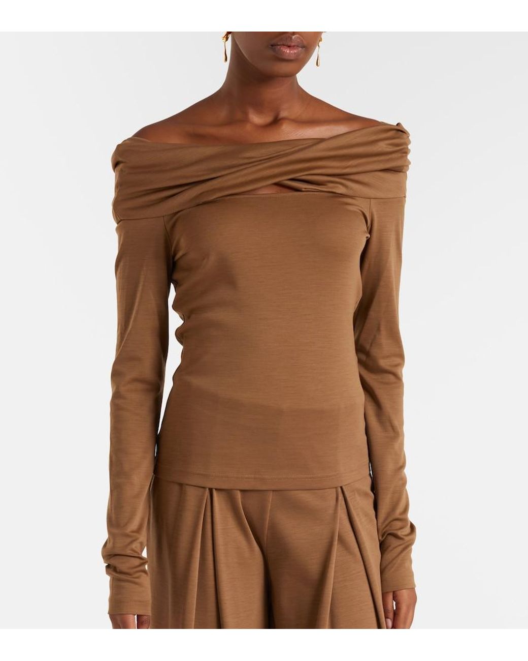 Max Mara Brown Orafo Draped Virgin Wool Top