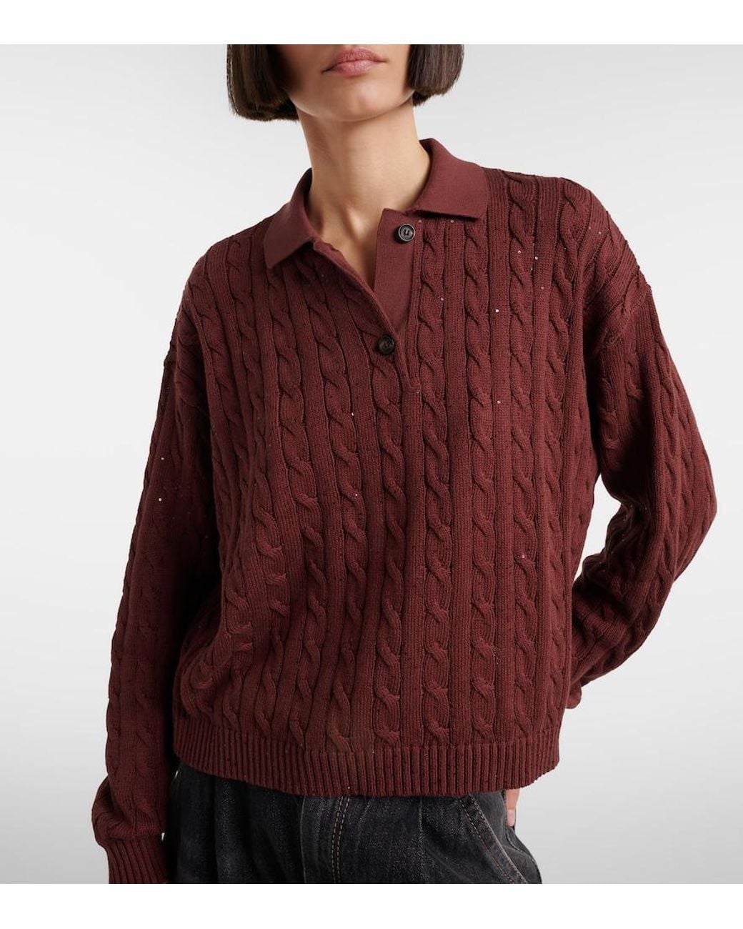 Brunello Cucinelli Red Cable-Knit Cotton-Blend Polo Sweater