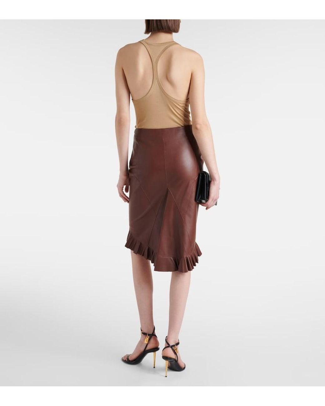 Tom Ford Brown Ruffled Leather Midi Skirt