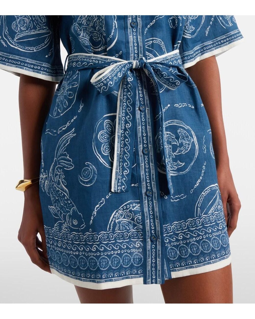 ALÉMAIS Blue Lucky Belted Printed Linen Shirt Dress