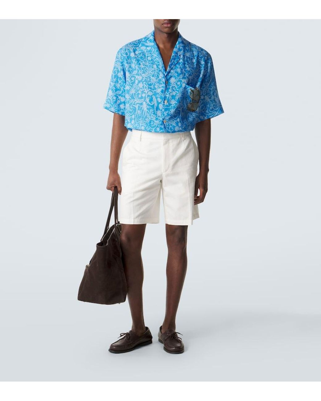 Kiton Blue Printed Linen Bowling Shirt for men