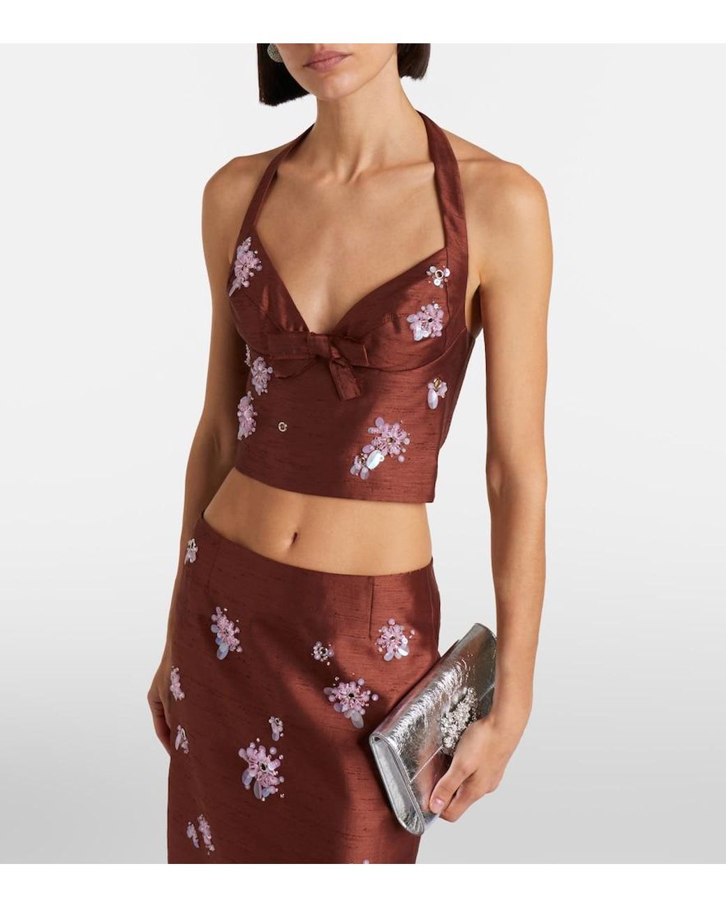 ShuShu/Tong Red Embellished Halterneck Crop Top