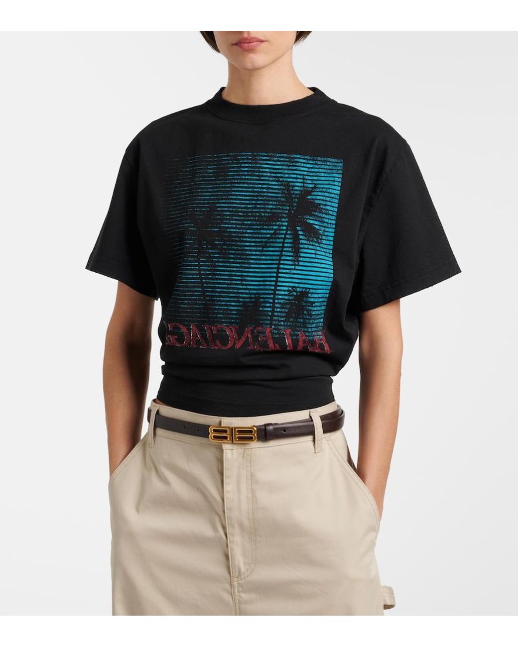 Balenciaga Black Logo Cropped Cotton Jersey T-Shirt