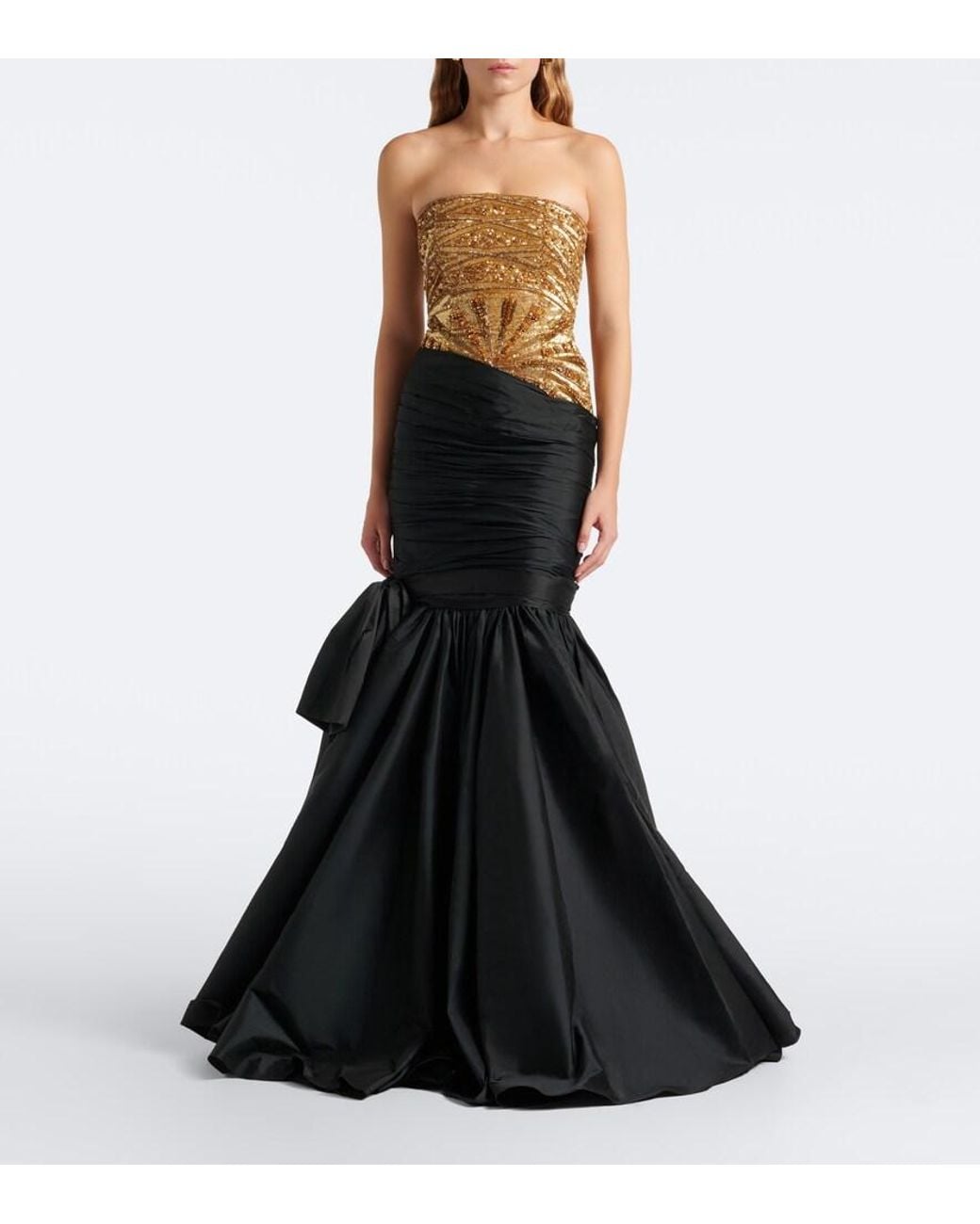La Fuori Black Gilded Geo Draped Sequined Bustier Gown
