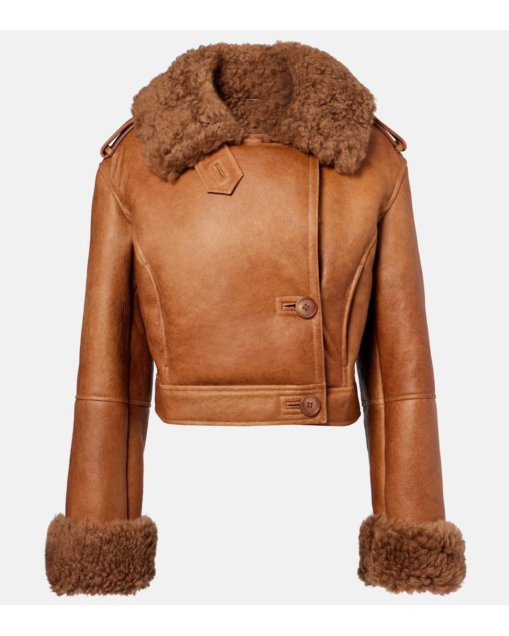 Chloé Brown Cropped Shearling-Trimmed Leather Jacket