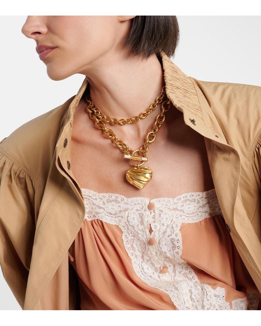 Chloé Metallic Pleated Heart Pendant Necklace