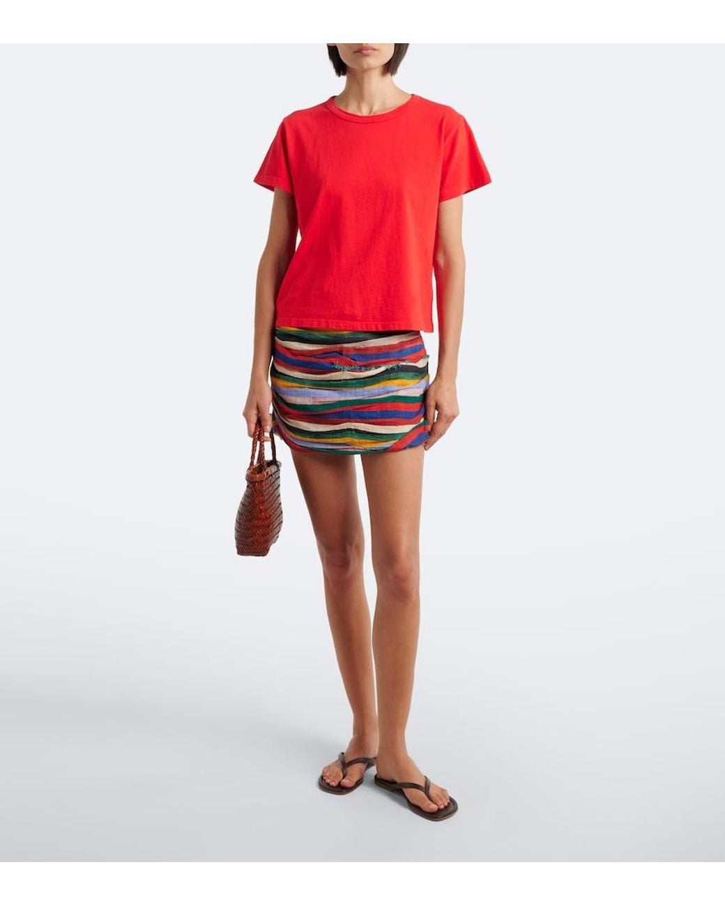 Staud Red Nicola Ruched Cotton Gauze Miniskirt