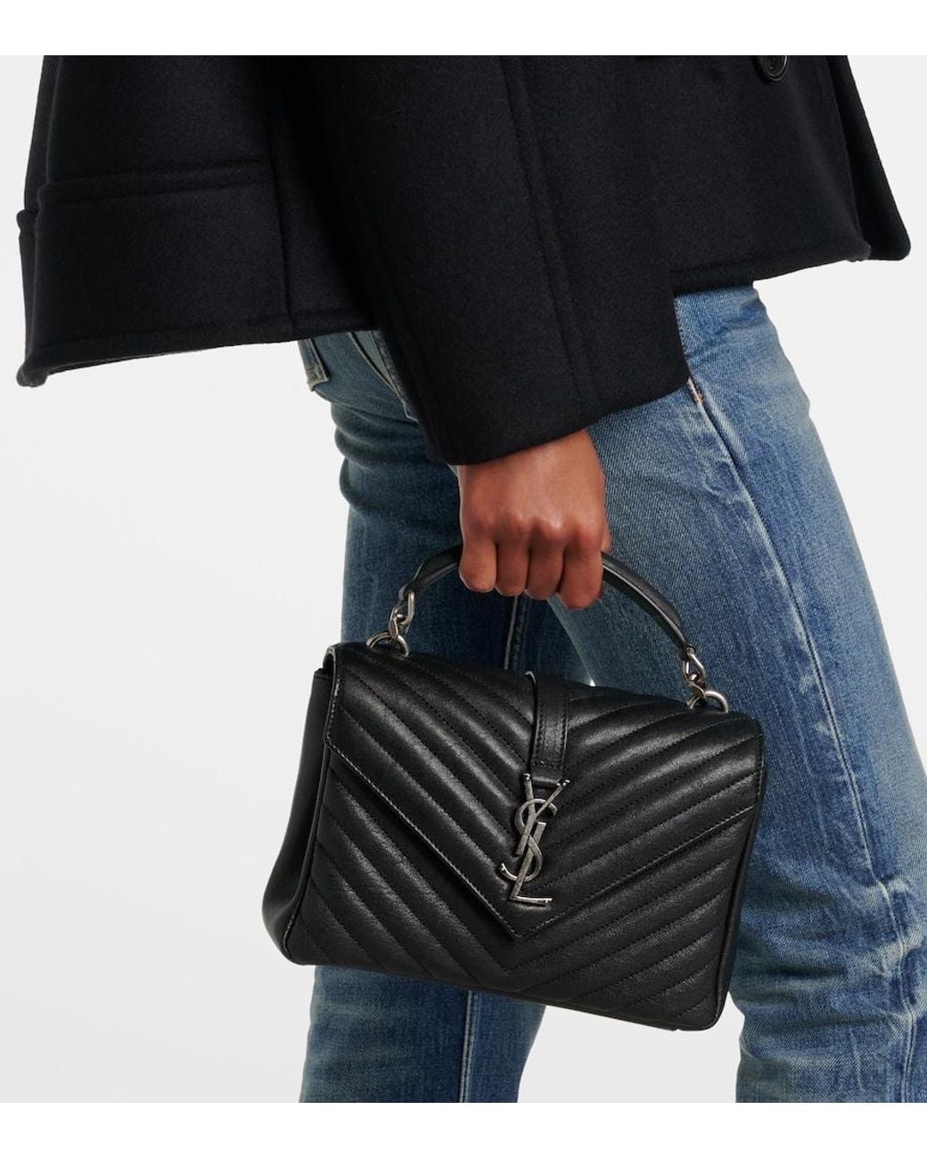 Saint Laurent Black College Medium Chain Quilted Textured-leather Shoulder Bag