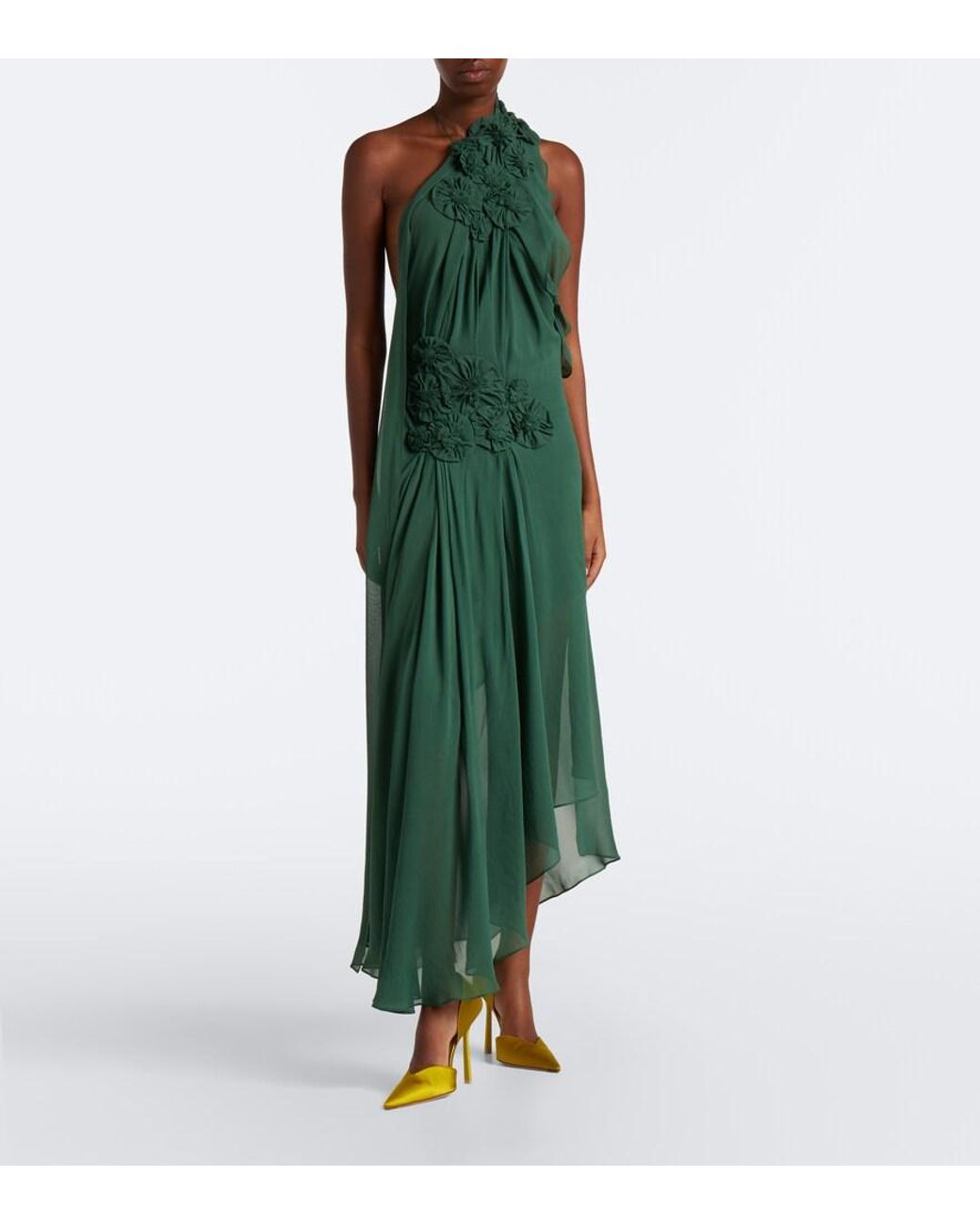 Victoria Beckham Green Floral-Applique One-Shoulder Silk Cocktail Dress