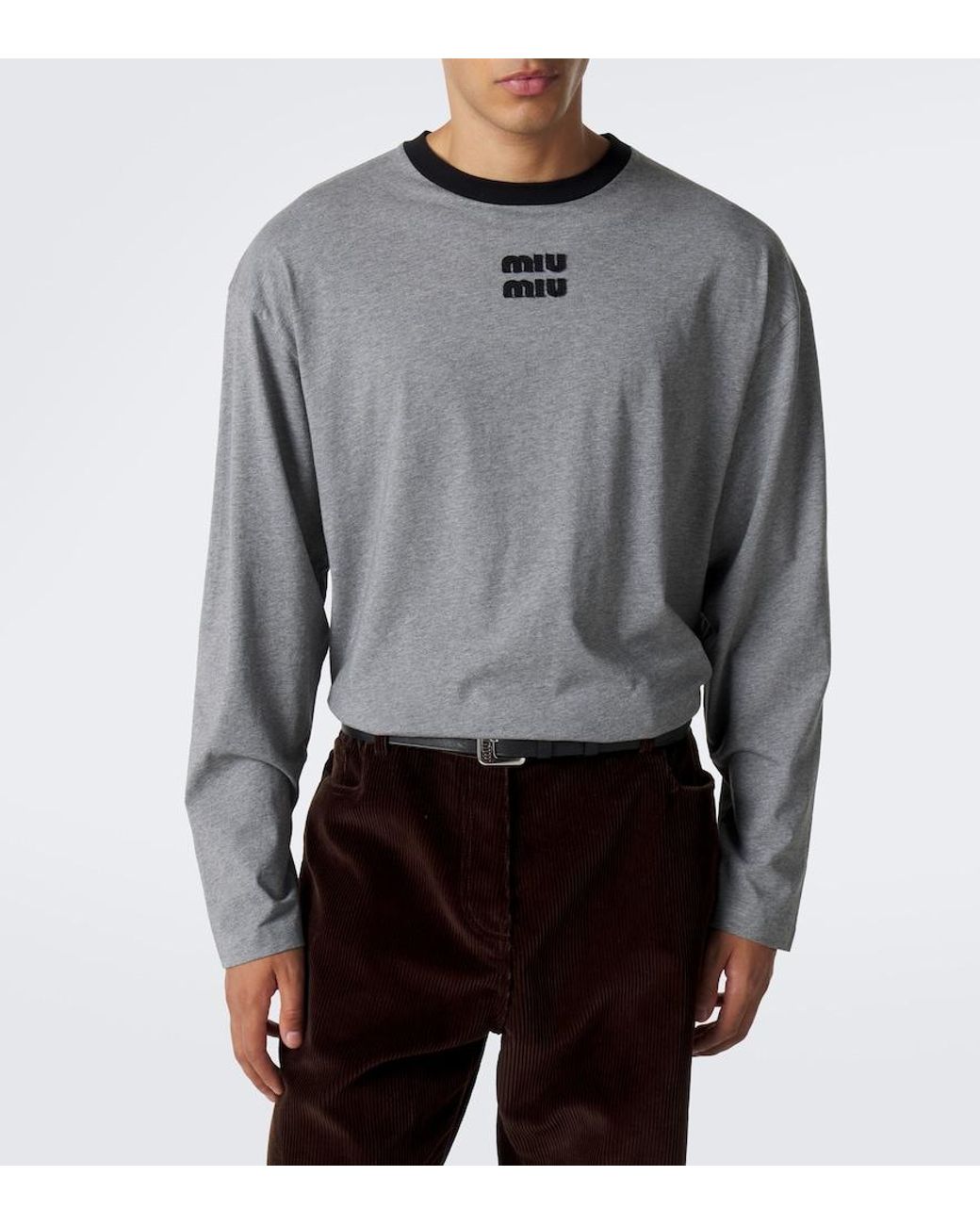 Miu Miu Gray Embroidered Logo Cotton Jersey T-Shirt for men