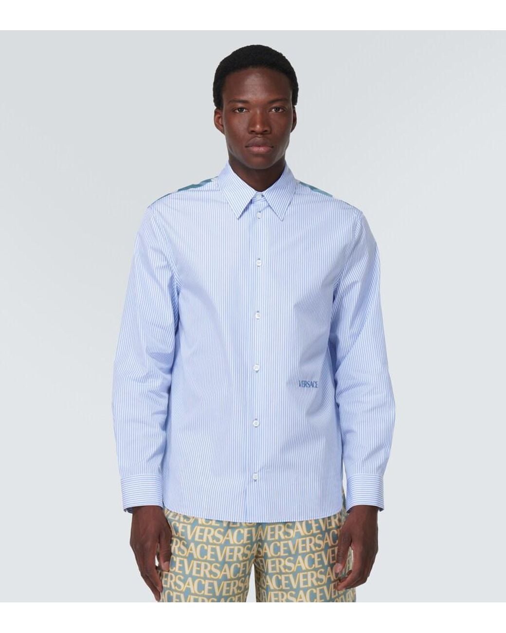 Versace Blue Cotton Poplin Shirt for men