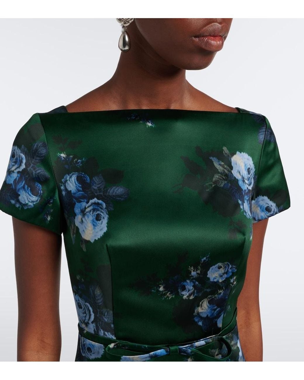 Erdem Green Belted Floral Duchess Satin Gown