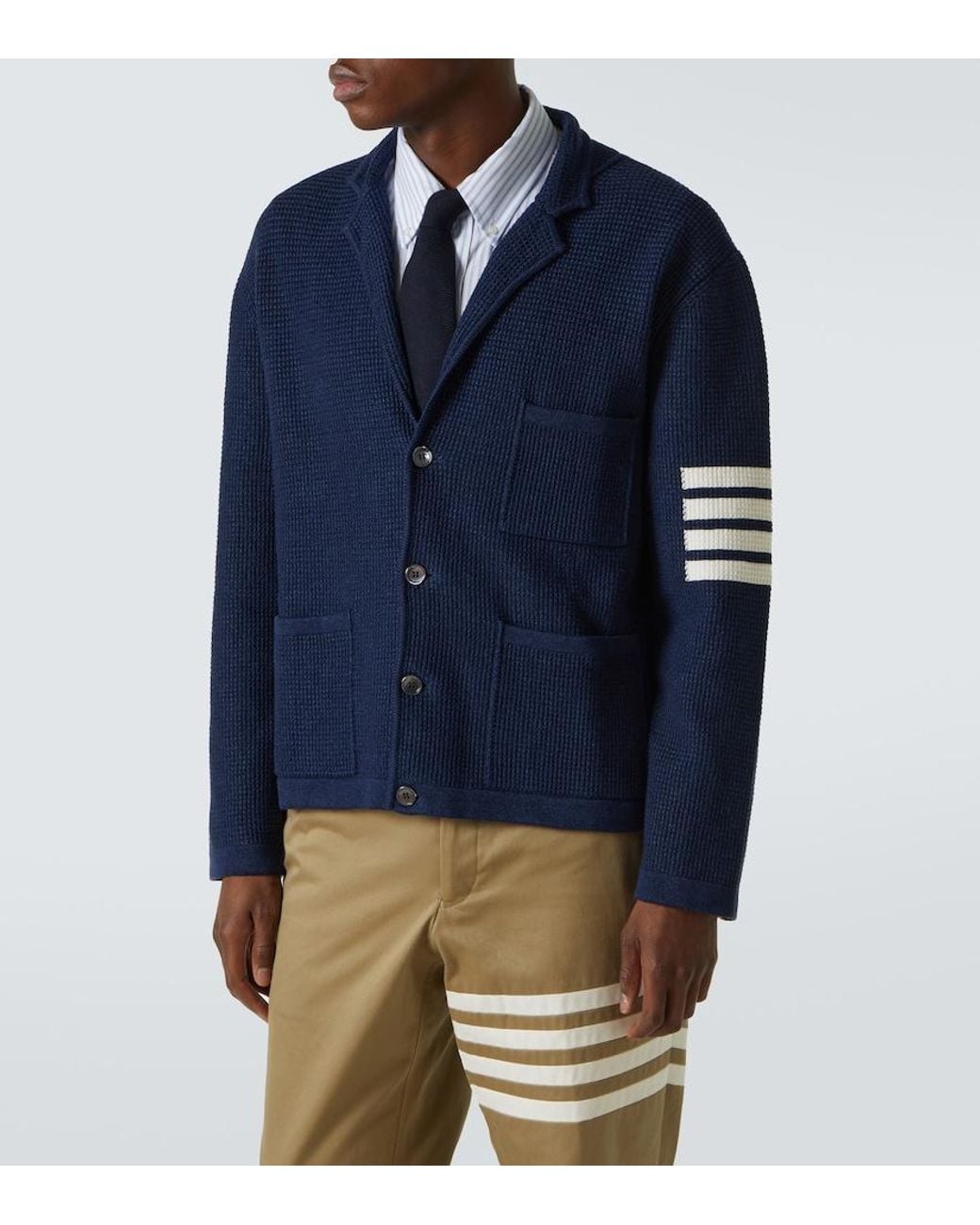 Thom Browne Blue 4-Bar Linen And Cotton-Blend Cardigan for men