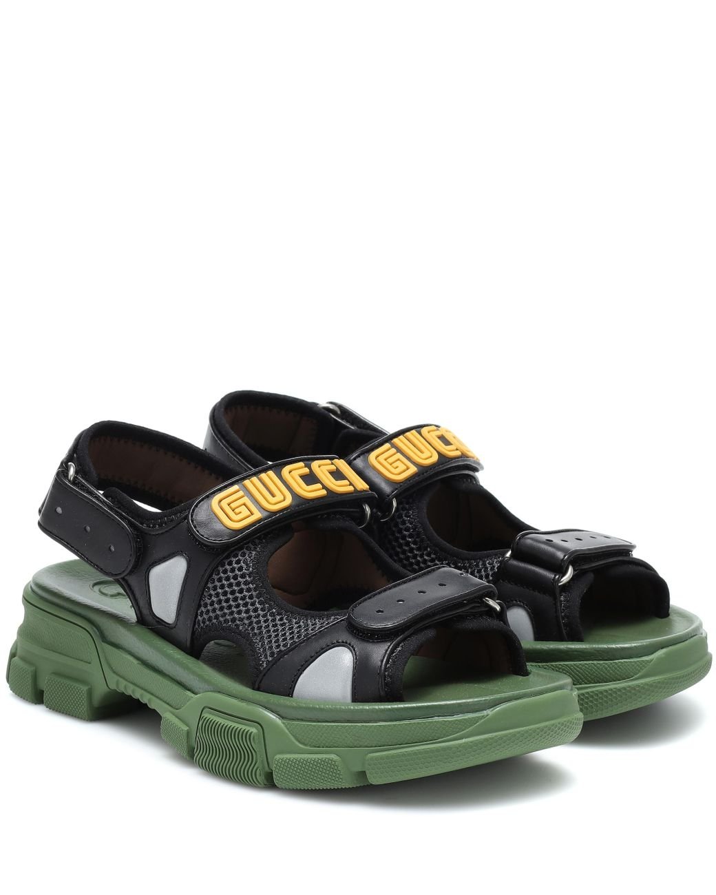 Gucci Black/Green Leather and Mesh Sega Sandals Size 44 Gucci