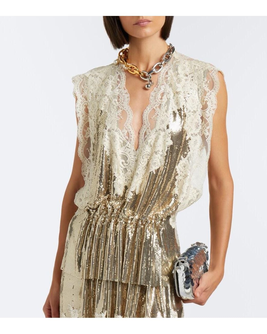 Rabanne White Lace-Trimmed Chainmail Top