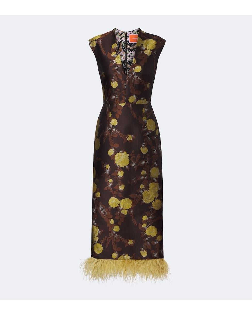 LaDoubleJ Multicolor Devon Feather-Trimmed Jacquard Midi Dress